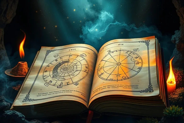 Libro abierto con un gráfico astrológico iluminado, rodeado de símbolos elementales en un ambiente dramático.
