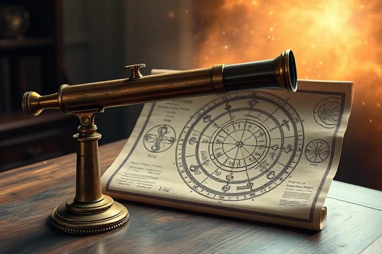 Telescopio antiguo y carta astrológica en un escritorio de madera, iluminados por una luz etérea.