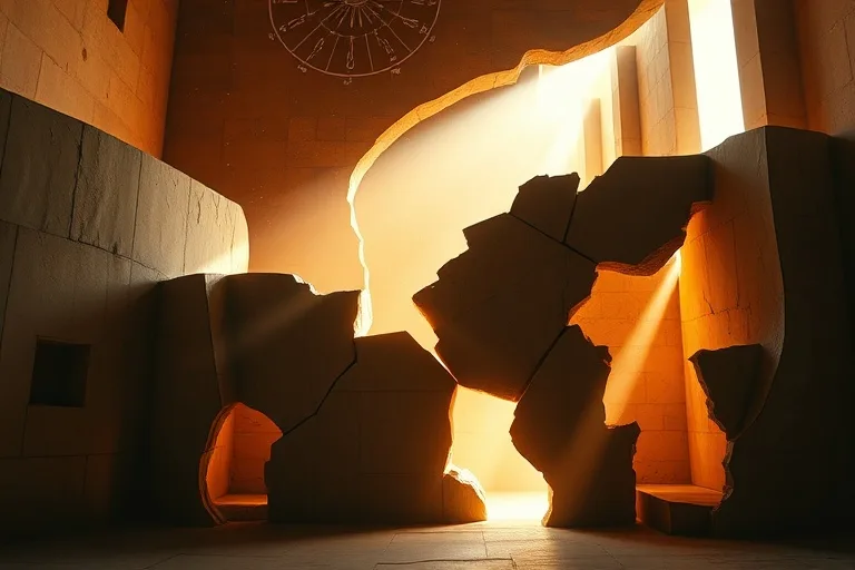Formas geométricas fracturadas en tonos tierra, con luz filtrándose, simbolizando el potencial oculto y la integración.