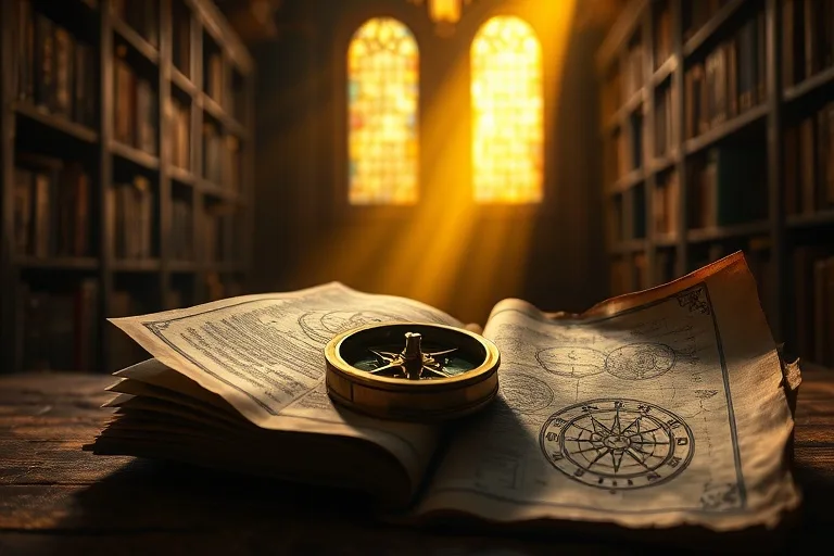 Fotografía cinemática de un compás de latón antiguo sobre un libro de astrología abierto, con símbolos astrológicos dibujados en pergamino, iluminado por un rayo de luz. Fondo de biblioteca oscura.