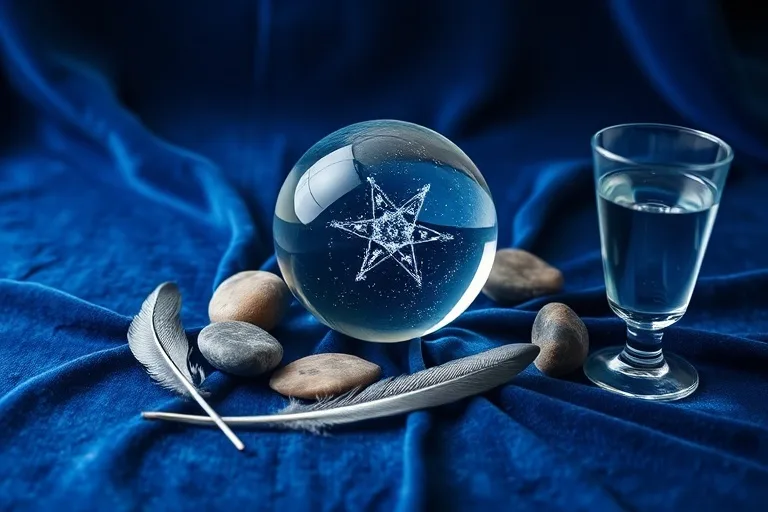 Fotografía de bodegón de una esfera de cristal sobre terciopelo, rodeada de piedras de río pulidas, una pluma de plata y un vaso de agua, con luz suave.