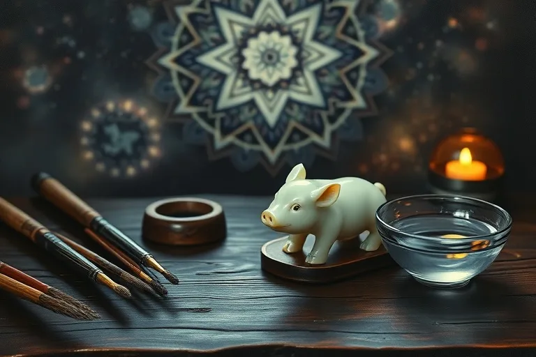 Pintura al óleo de pinceles de caligrafía y tinteros antiguos sobre un escritorio de madera, con una figura de cerdo de jade y un cuenco de agua, reflejando luz de vela.