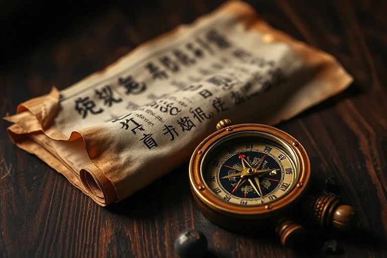 Fotografía still-life de pergaminos antiguos y brújula china sobre madera