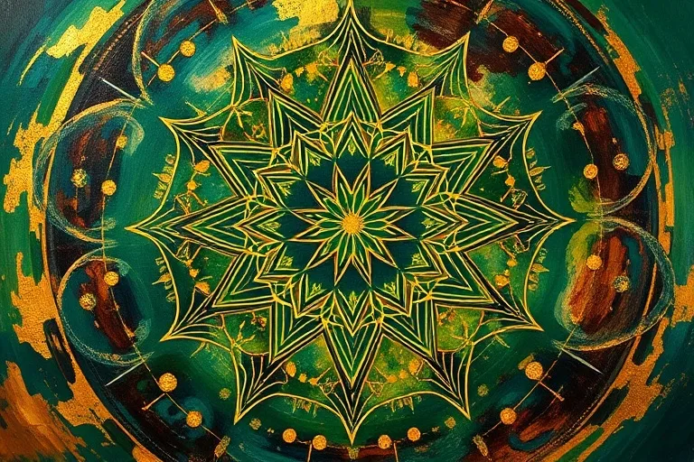 Pintura al óleo abstracta de patrones de verdes, marrones y oro