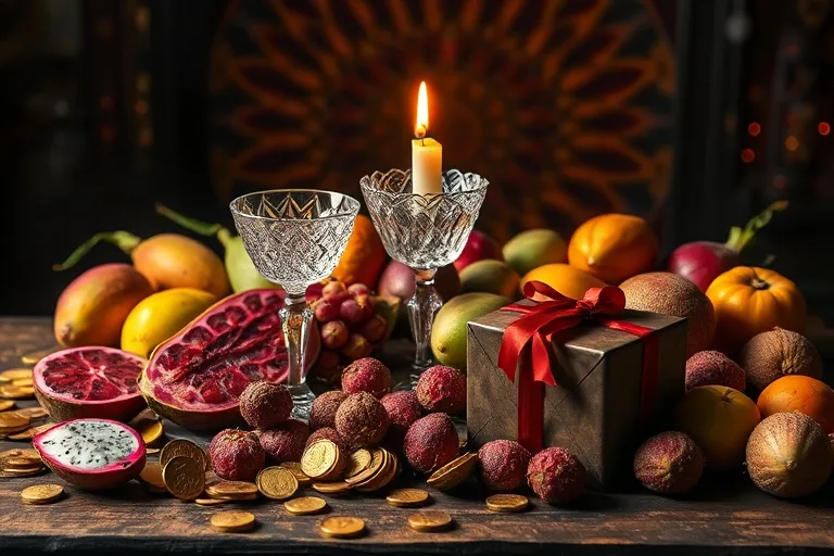 Bodegón cinematográfico con una mesa rústica llena de frutas exóticas, monedas de oro antiguas, una copa de cristal con luz de vela y un regalo envuelto, simbolizando abundancia y generosidad.