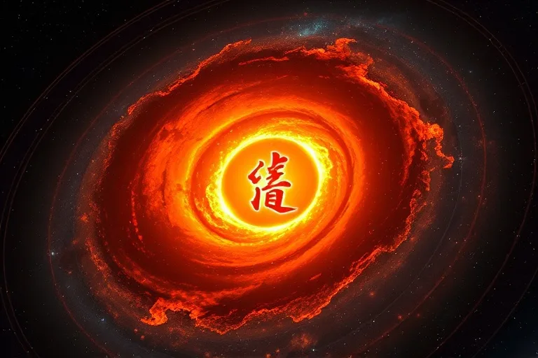 Arte conceptual de una brasa brillante en el centro de una galaxia espiral, con sutiles contornos de caracteres chinos antiguos, irradiando calidez y energía, simbolizando liderazgo e inspiración.