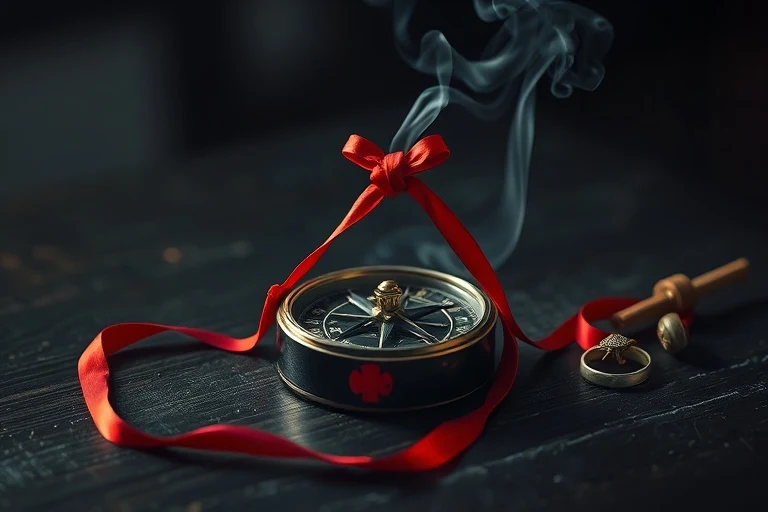 Naturaleza muerta cinematográfica con un antiguo compás chino, una cinta de seda roja anudada, incienso humeante y anillos de jade entrelazados sobre madera oscura.