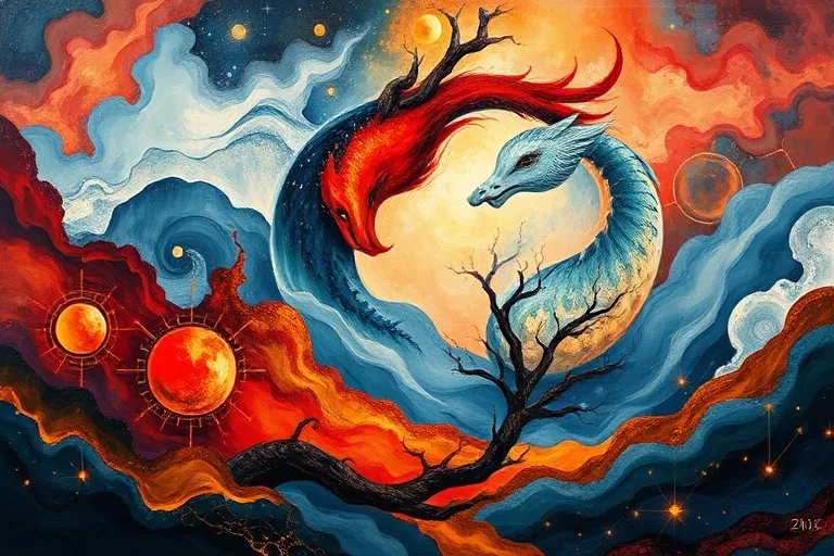 Pintura al óleo abstracta con remolinos de azules profundos, rojos vibrantes y ocres terrosos, representando los cinco elementos del Zodiaco Chino con patrones geométricos sutiles.