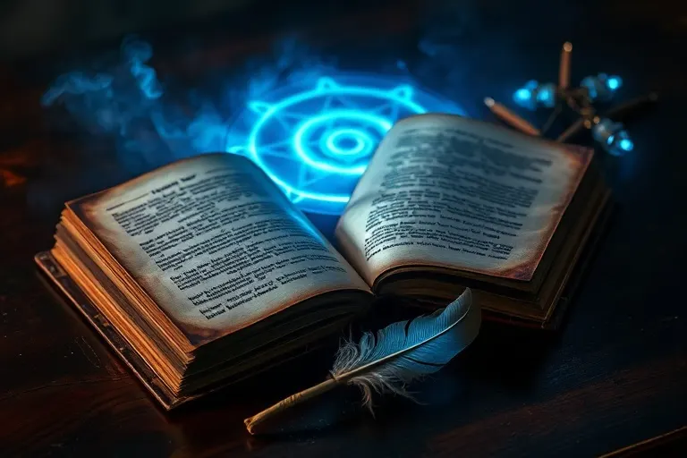 Fotografía de bodegón de libros antiguos abiertos con páginas azules brillantes sobre un escritorio de madera, con una pluma de ave, simbolizando la verdad y la expresión escrita.