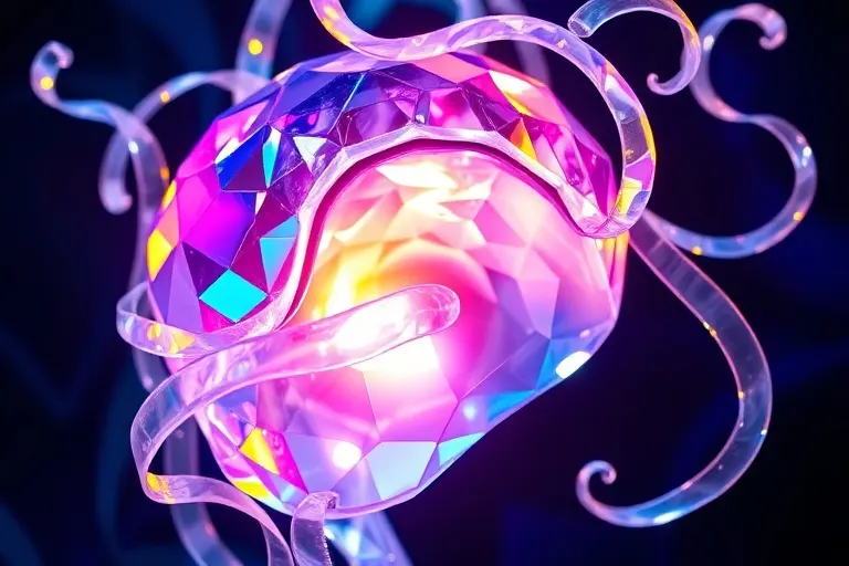 Arte conceptual de una delicada escultura de cristal de una boca susurrante, emitiendo luz iridiscente, rodeada de cintas de sonido, simbolizando la comunicación verbal y el flujo de ideas.