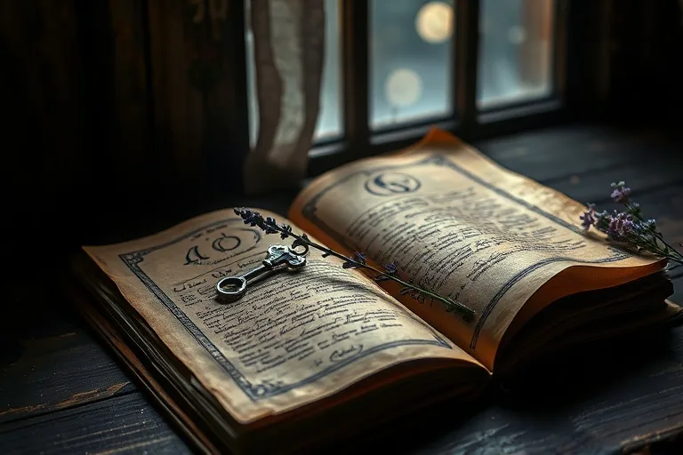 Bodegón cinematográfico de un antiguo libro de astrología abierto sobre una mesa de madera, con un amuleto de plata en forma de llave y una rama de lavanda, bajo la luz de la luna.