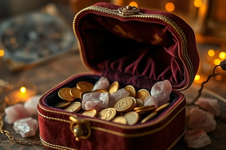Caja de terciopelo vintage con monedas de oro y cuarzo rosa, luz cálida.
