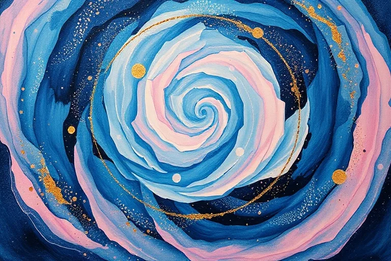 Pintura al óleo abstracta con patrones circulares de azules y rosas, toques dorados.