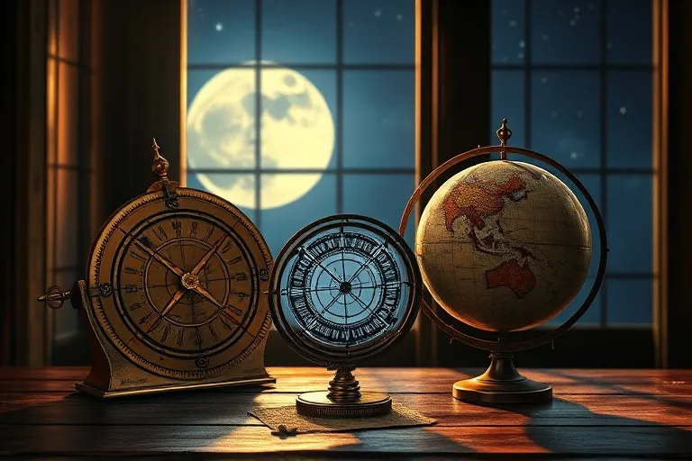 Instrumentos astronómicos antiguos en una mesa de madera, iluminados por la luna.