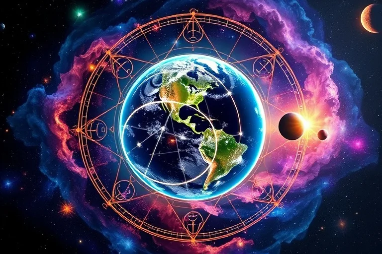 Representación artística de la Tierra con energía cósmica y alineación planetaria.