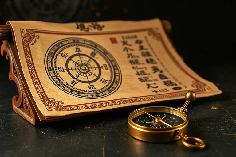Antiguo pergamino de madera con diagramas del ciclo Sheng (creación) de los Cinco Elementos, iluminado por un suave resplandor, junto a una brújula de metal.