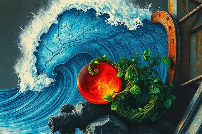 Pintura conceptual de una ola de agua azul rompiendo contra una estructura de metal oxidado, con una enredadera verde estrangulando un carbón rojo, simbolizando el ciclo Ke (destrucción).