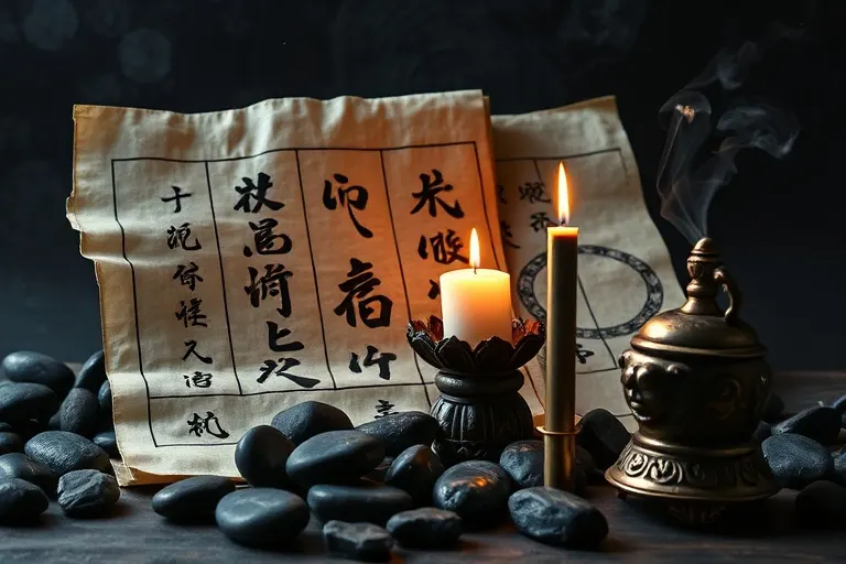 Antiguos pergaminos chinos con caligrafía Wu Xing, rodeados de piedras de río pulidas, una talla de madera, una vela y un quemador de incienso metálico.