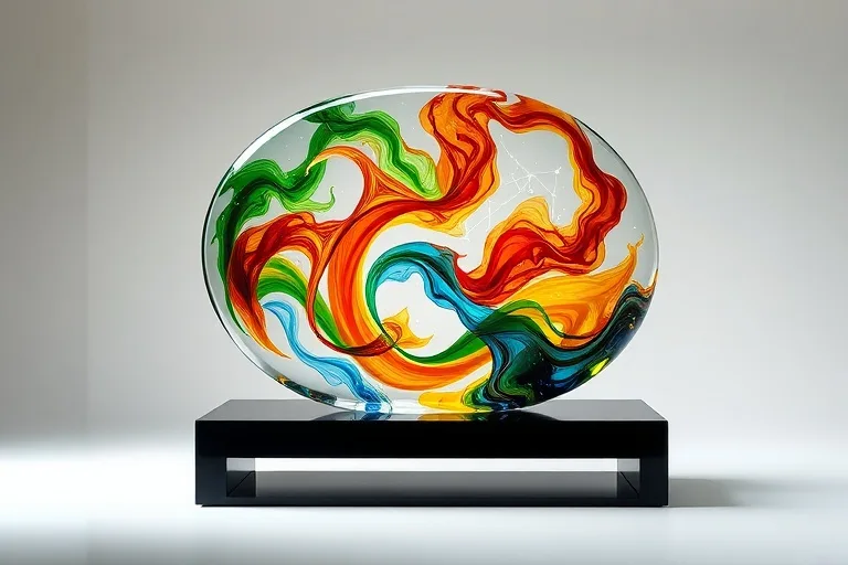 Escultura de vidrio abstracta con patrones arremolinados de colores verde, rojo, amarillo, blanco y azul, sobre un pedestal minimalista, con efectos de luz sutiles.