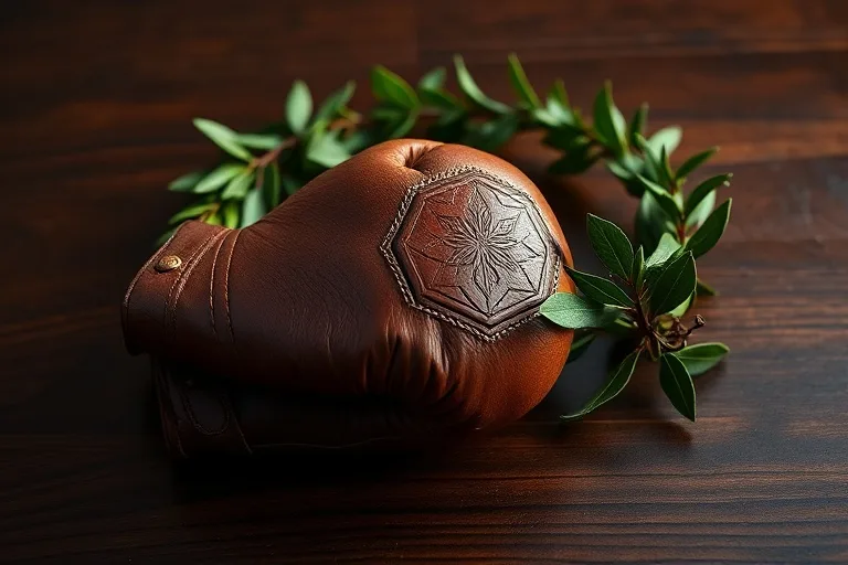 Fotografía macro de un guante de boxeo antiguo y desgastado, junto a una corona de laurel sobre una superficie de madera oscura.