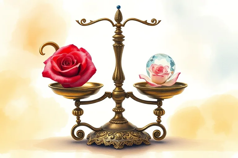 Pintura de acuarela de una balanza antigua perfectamente equilibrada, con un pétalo de rosa y una gema pulida en cada plato, sobre un fondo etéreo.
