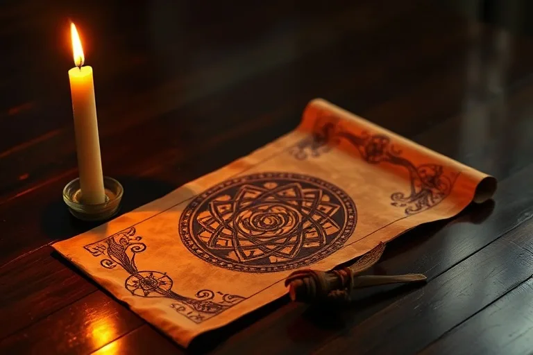 Bodegón cinematográfico de un pergamino chino antiguo y desgastado que representa un nudo complejo, apoyado sobre una mesa de madera oscura pulida. Una única vela parpadeante proyecta largas sombras, iluminando un mapa parcialmente desenrollado con sutiles símbolos astrológicos.