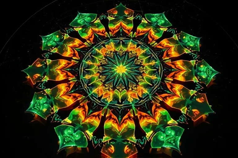 Arte conceptual abstracto, un vibrante mosaico de piezas de jade y ámbar rotas que se reensamblan lentamente en un patrón cohesivo y hermoso sobre una superficie oscura y reflectante. La fuente de luz es sutil, resaltando las intrincadas conexiones que se forman entre los fragmentos, simbolizando la transformación y el crecimiento a partir del conflicto.