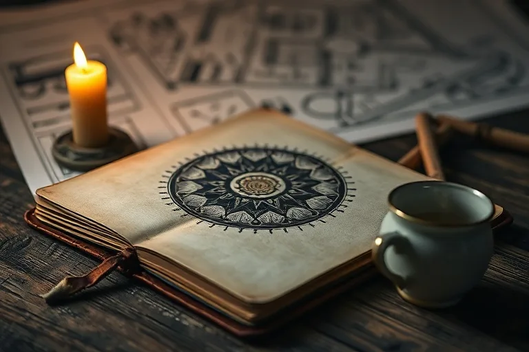 Fotografía macro de un álbum de fotos familiar antiguo sobre una mesa de madera con velas y té, y planos arquitectónicos borrosos al fondo.