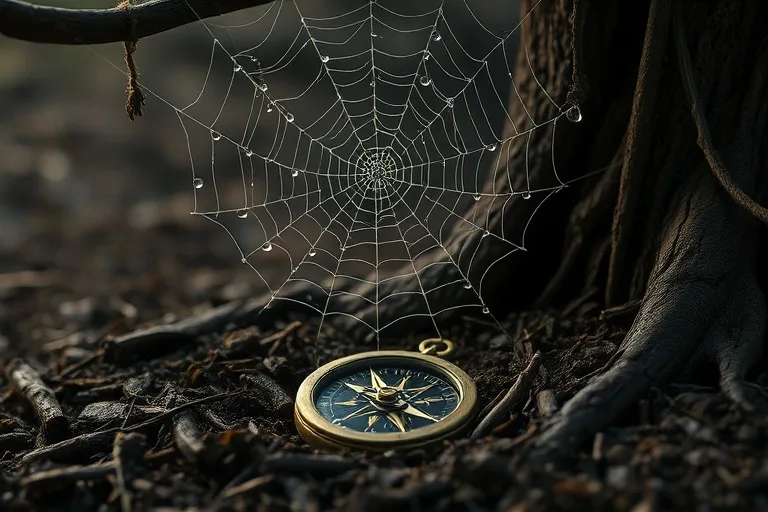 Arte conceptual de una telaraña brillante con rocío entre ramas de roble, y una brújula antigua parcialmente enterrada en tierra oscura.