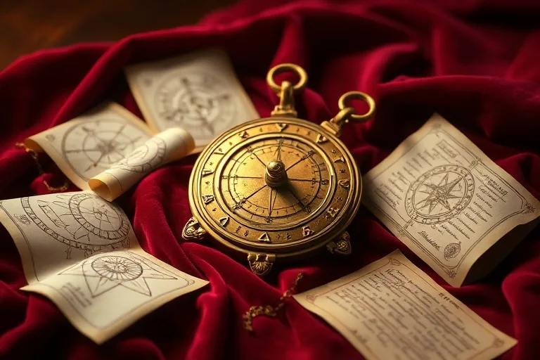 Astrolabio de latón antiguo sobre terciopelo, rodeado de pergaminos con símbolos astrológicos y notas manuscritas.