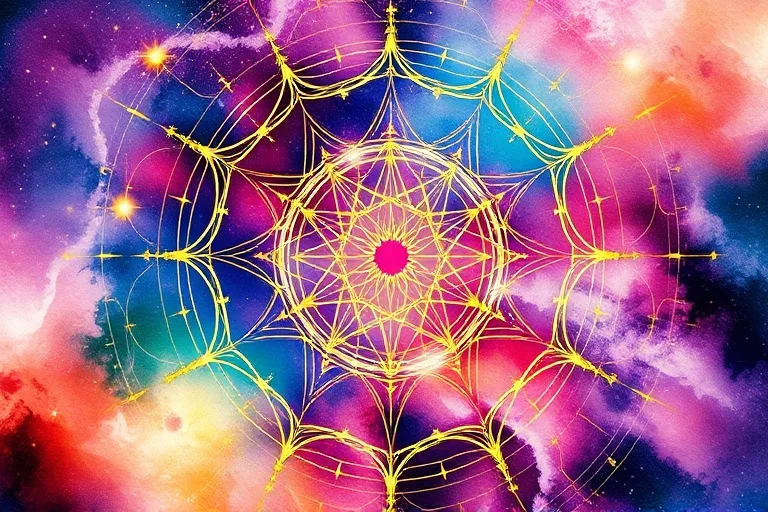 Pintura acuarela abstracta con colores vibrantes y líneas doradas, representando influencias astrológicas ocultas y la interconexión.