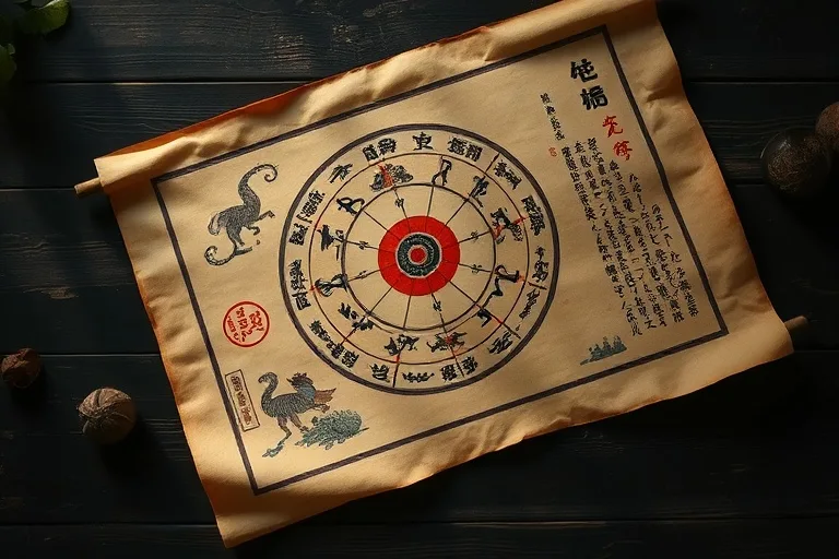 Antiguo pergamino chino con diagramas de los cinco elementos y animales zodiacales