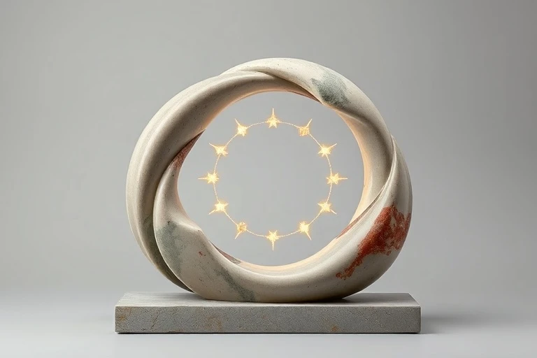 Escultura minimalista de piedra pulida representando el ciclo de los cinco elementos