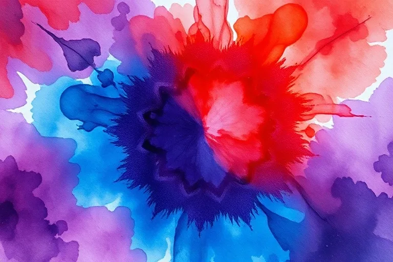 Pintura de acuarela abstracta donde dos vibrantes lavados de color, rojo y azul, se fusionan gradualmente en un tono púrpura armonioso, simbolizando la integración de diferencias.