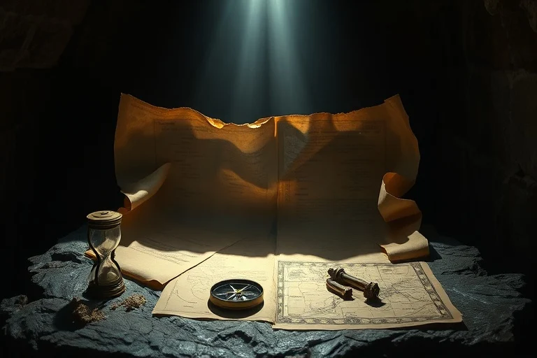 Naturaleza muerta cinematográfica de pergaminos antiguos y gastados desplegándose sobre un altar de piedra, iluminados por un único rayo de luz etéreo, rodeados de artefactos simbólicos dispersos como un reloj de arena roto, una brújula que no apunta a ninguna parte y un mapa descolorido, representando vidas pasadas y lecciones olvidadas, atmosférico, fotografía macro.