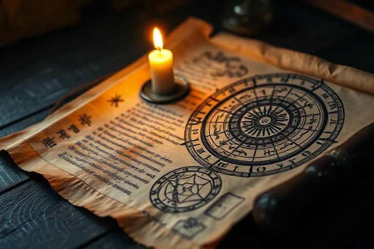 Pergamino antiguo con caligrafía china y cartas astrológicas, iluminado por una vela en un escritorio de madera.