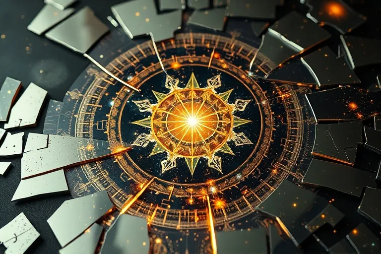 Espejo roto que refleja fragmentos de un mapa celestial, unidos por una luz que simboliza la curación kármica.