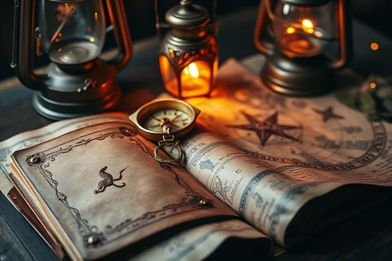 Diario de cuero abierto con símbolos de Leo y Sagitario, junto a un compás y un mapa antiguo, bajo la luz de una linterna.