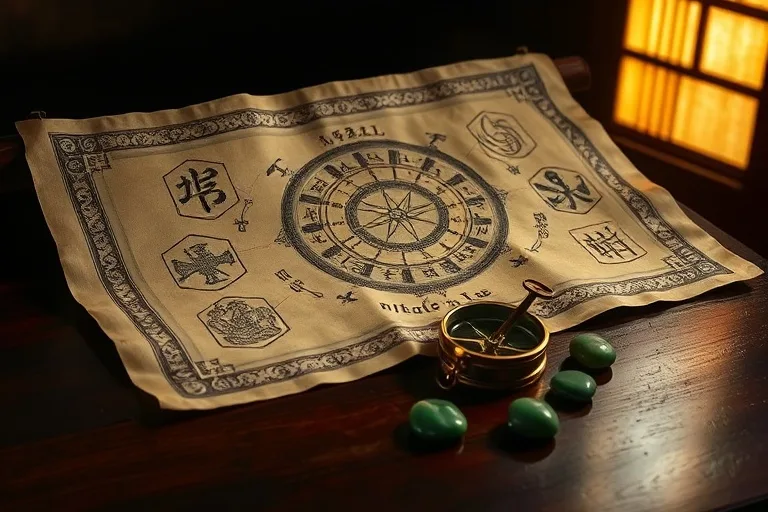 Una antigua pergamino de seda desplegado sobre una mesa de madera oscura, mostrando símbolos astrológicos chinos y gráficos. Un compás antiguo y piedras de jade pulidas están esparcidas alrededor, con una iluminación dramática.