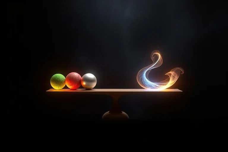 Una balanza conceptual en equilibrio, con un lado sosteniendo esferas elementales brillantes (madera, fuego, tierra, metal, agua) y el otro lado con dos figuras abstractas de luz entrelazadas. El fondo es un espacio oscuro y minimalista.