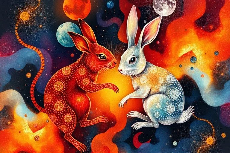 Pintura abstracta de colores cálidos y fríos en armonía dinámica