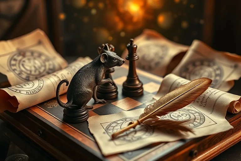 Tablero de ajedrez antiguo con piezas de rata y mono, rodeado de pergaminos y una pluma.