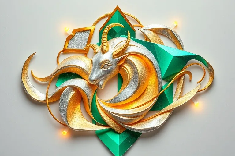 Composición abstracta de formas geométricas y líneas fluidas con colores plata, oro y verde esmeralda.