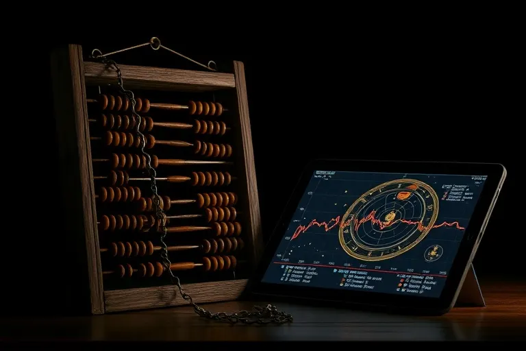Naturaleza muerta cinematográfica de un ábaco antiguo y una tableta moderna con gráficos de datos.