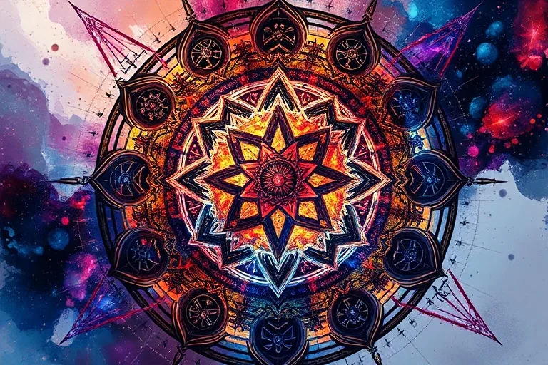 Pintura abstracta de engranajes y circuitos entrelazados con salpicaduras de color.