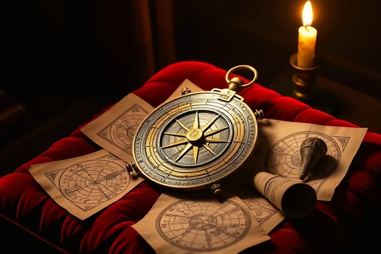 Un antiguo astrolabio de latón descansa sobre un cojín de terciopelo, rodeado de cartas astrológicas manuscritas y una vela parpadeante, en una atmósfera de estudio y misterio.