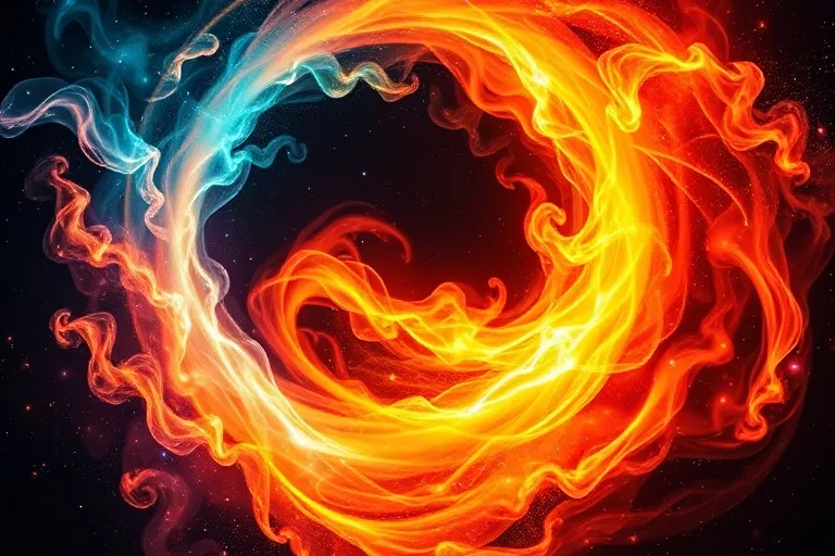 Un remolino abstracto de energías elementales (fuego, agua, tierra, aire) representadas por colores vibrantes y texturas, fusionándose y entrelazándose con partículas brillantes.