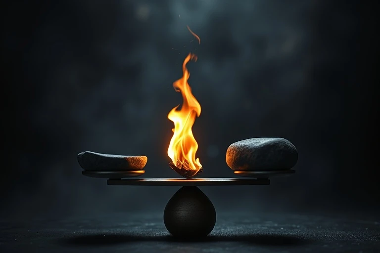 Balanza conceptual con una brasa ardiente y una piedra de río, simbolizando el equilibrio elemental.