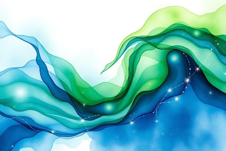 Pintura acuarela de dos corrientes de color (azul y verde) fusionándose, simbolizando conexión emocional.