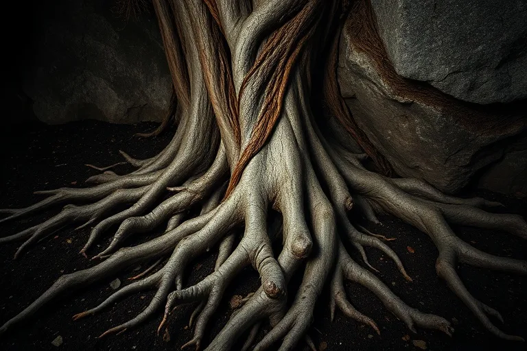 Arte conceptual de dos raíces de roble antiguas entrelazadas, una de suelo cultivado y otra de roca sólida, simbolizando la fuerza y el crecimiento mutuo.